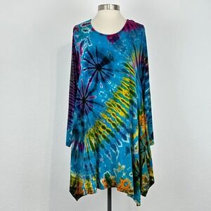 Womens Festival Hippie Psychedelic Tie Dye Dress Sz Medium Rainbow Asymmetrical